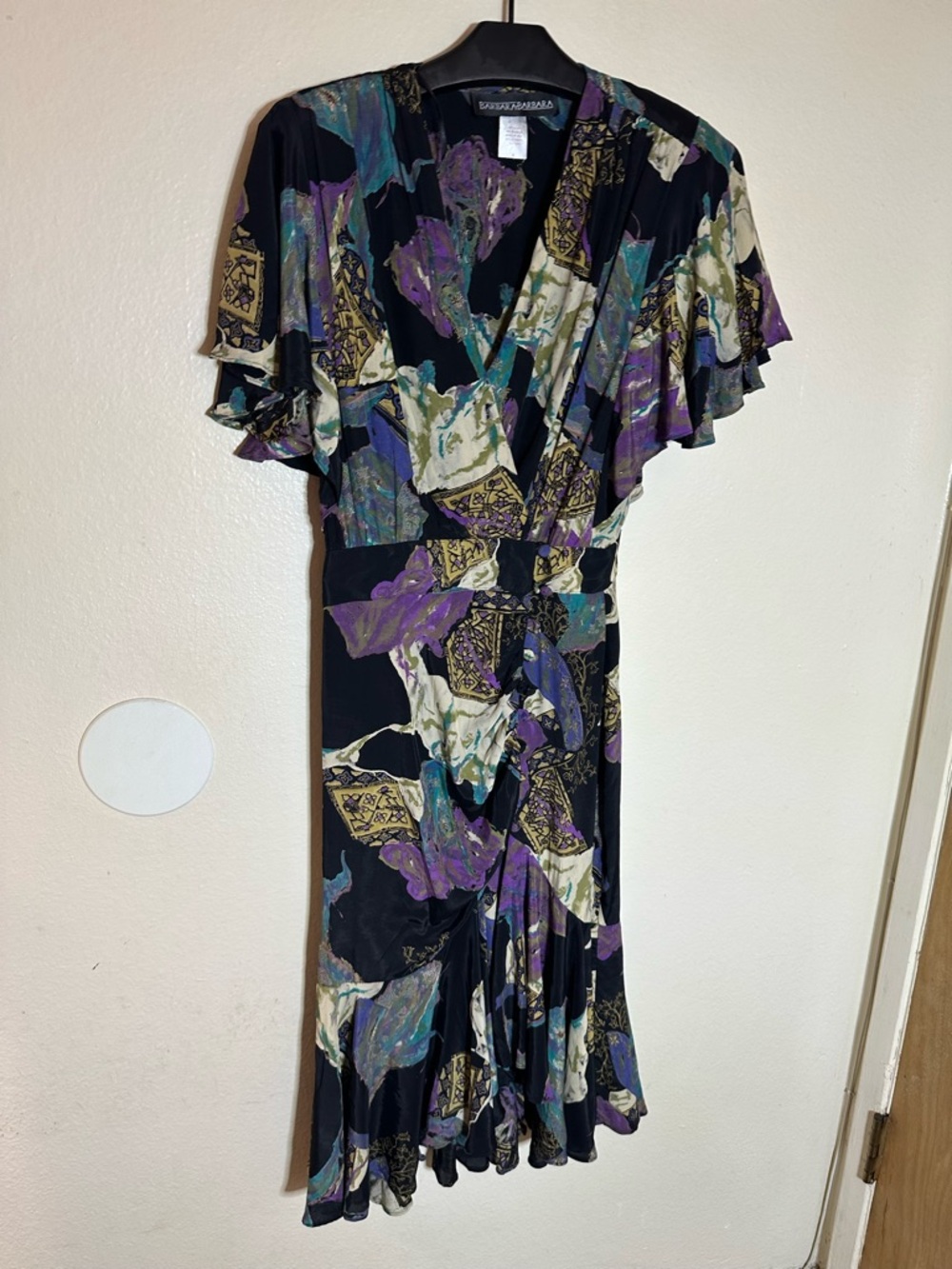 Barbara Barbara  Floral Silky flowy vintage dress Black, Purple, Teal, Gold,